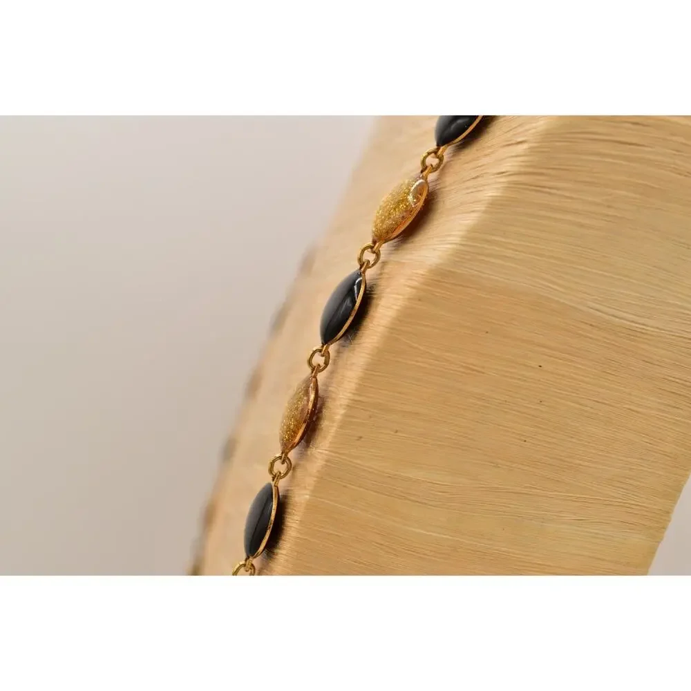 Vintage Black Gold Necklace Enamel Chain Gold Round Dot Circle Linked BinBD